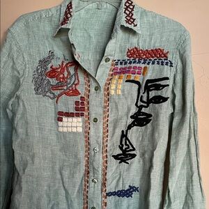 Artistic Embroidered Blouse. Sz S PTP 19” L 26”Back.